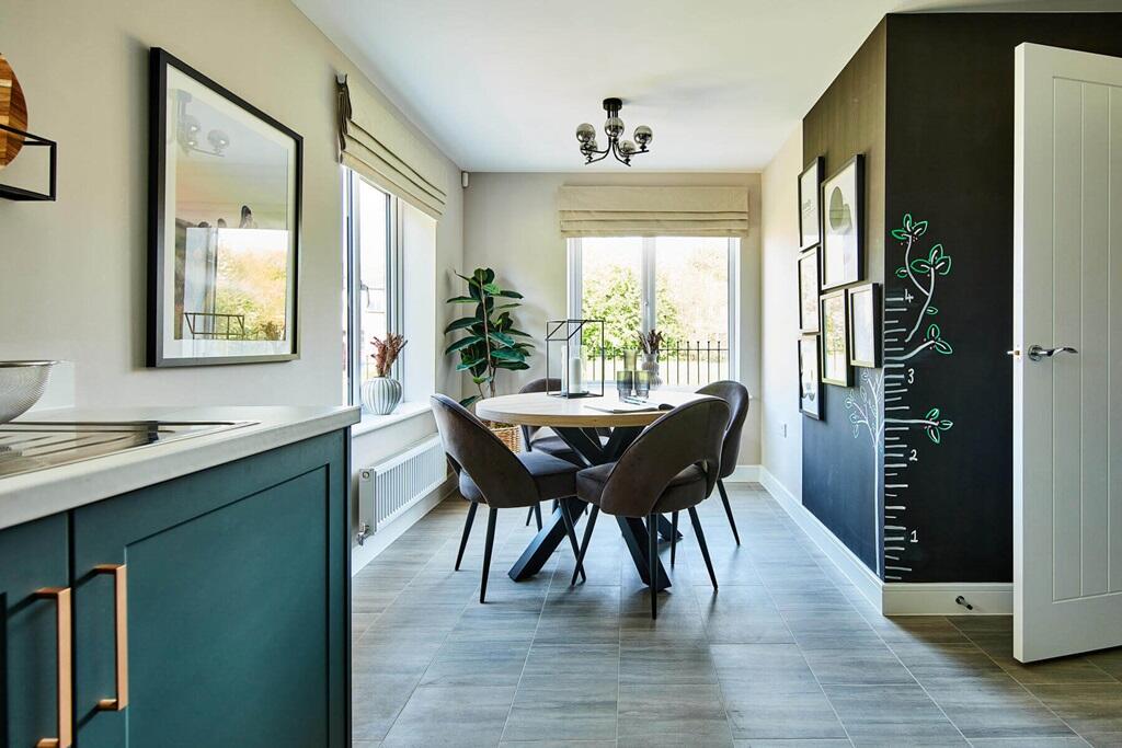 The dining area looks over the front of the home